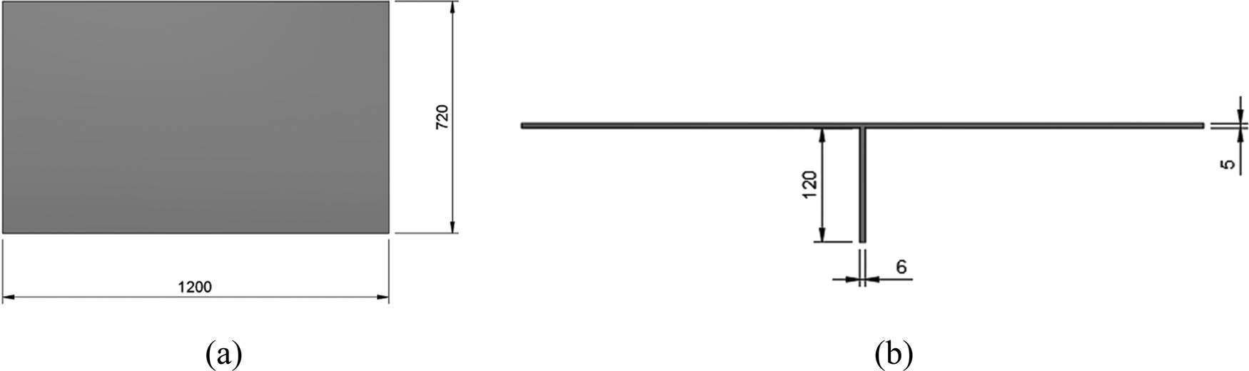 Figure 1 
                  Illustration of a 2D thin-walled plate cross-section: (a) top-view plate cross-section and (b) side-view plate cross-section.
               