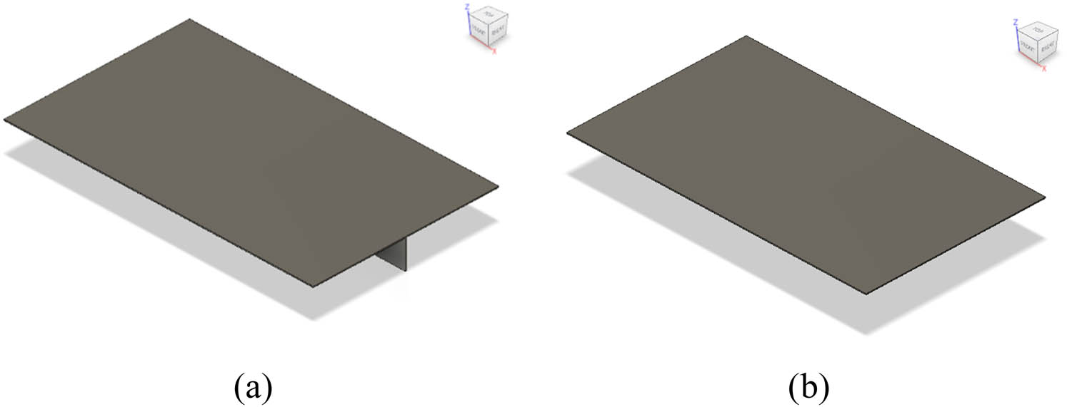 Figure 2 
                  Three-dimensional plate design configurations: (a) stiffened plate using a FB and (b) unstiffened plate.
               