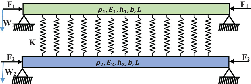 Figure 1 
               Asymmetric double beam with compressive loads on ends.
            
