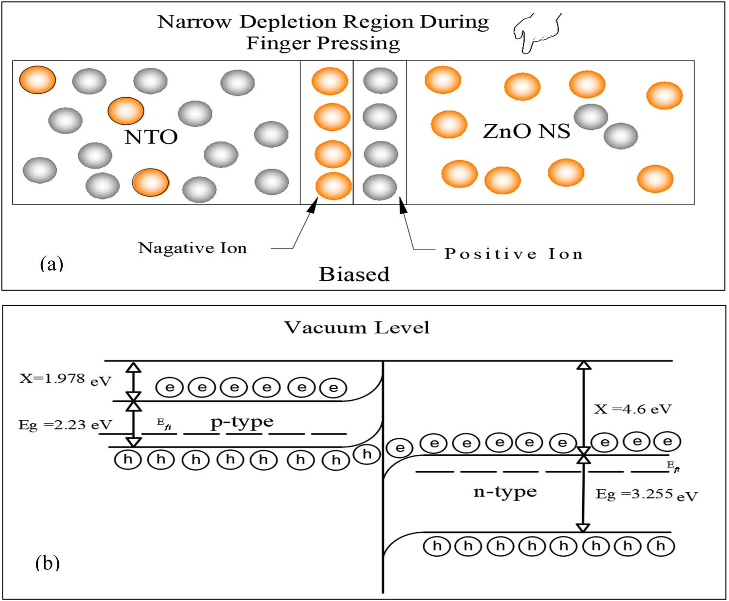 Figure 10 
                  Schematic drawing finger press effect: (a) rectification and transformation of the carriers and (b) the configuration of the broken band gap under pressing.
               
