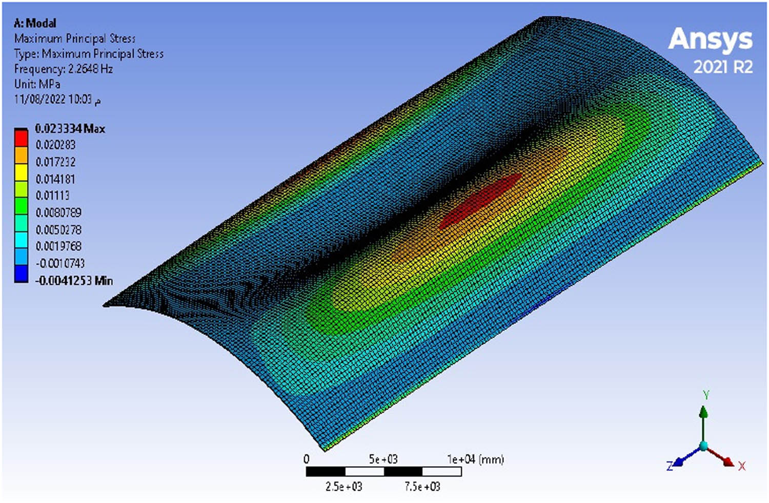 Figure 10
Maximum stress under self-weight in a long shell with a span of (20 × 40) m.