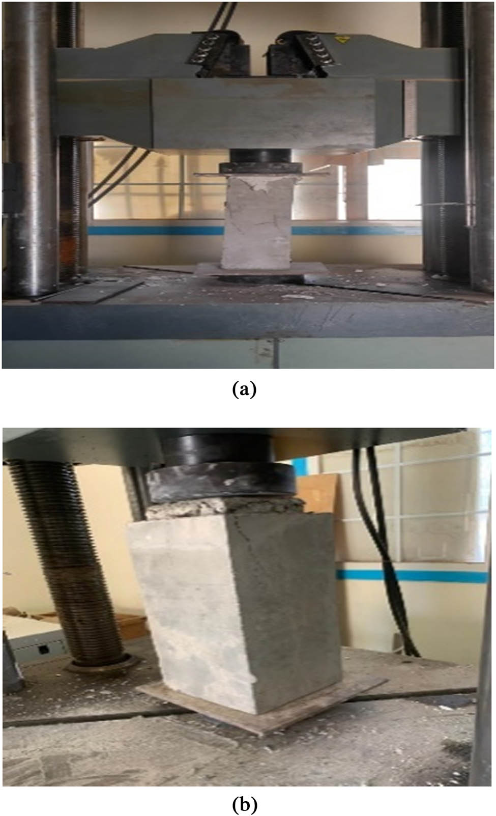 Figure 4 
                  (a) Experimental setup No. 1 before repair. (b) Experimental setup No. 2 after repair.
               