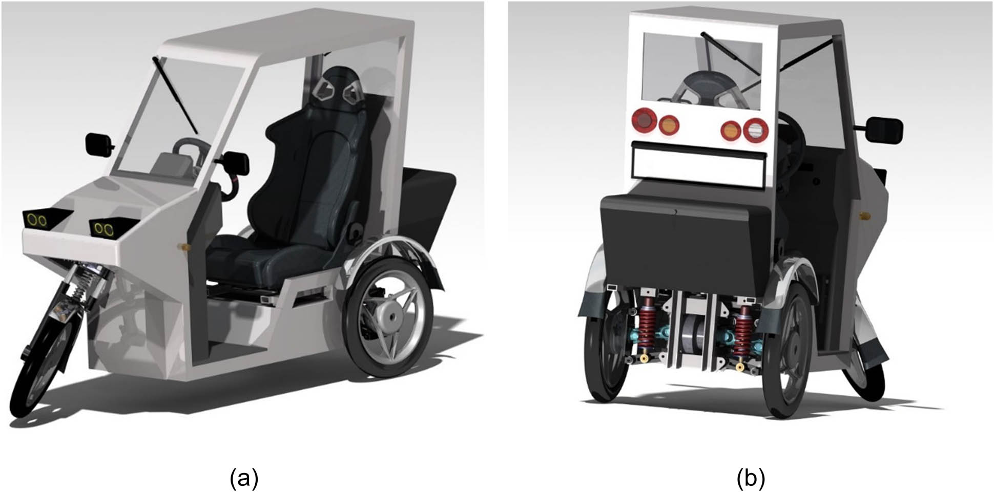 Figure 5 
               A modified design of the three-wheeled electric vehicle: (a) front view and (b) rear view [18].
            