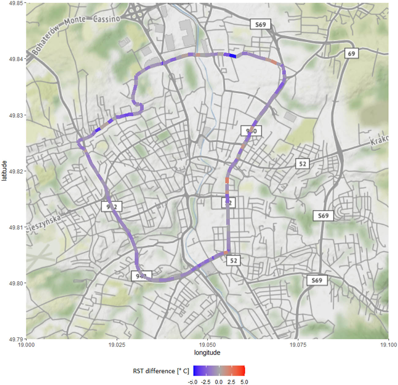 Figure A1 
                  Thermal map showing RST difference between run No. 12 and run No. 13 (after 25 min) (map source: OpenStreeMaps).
               