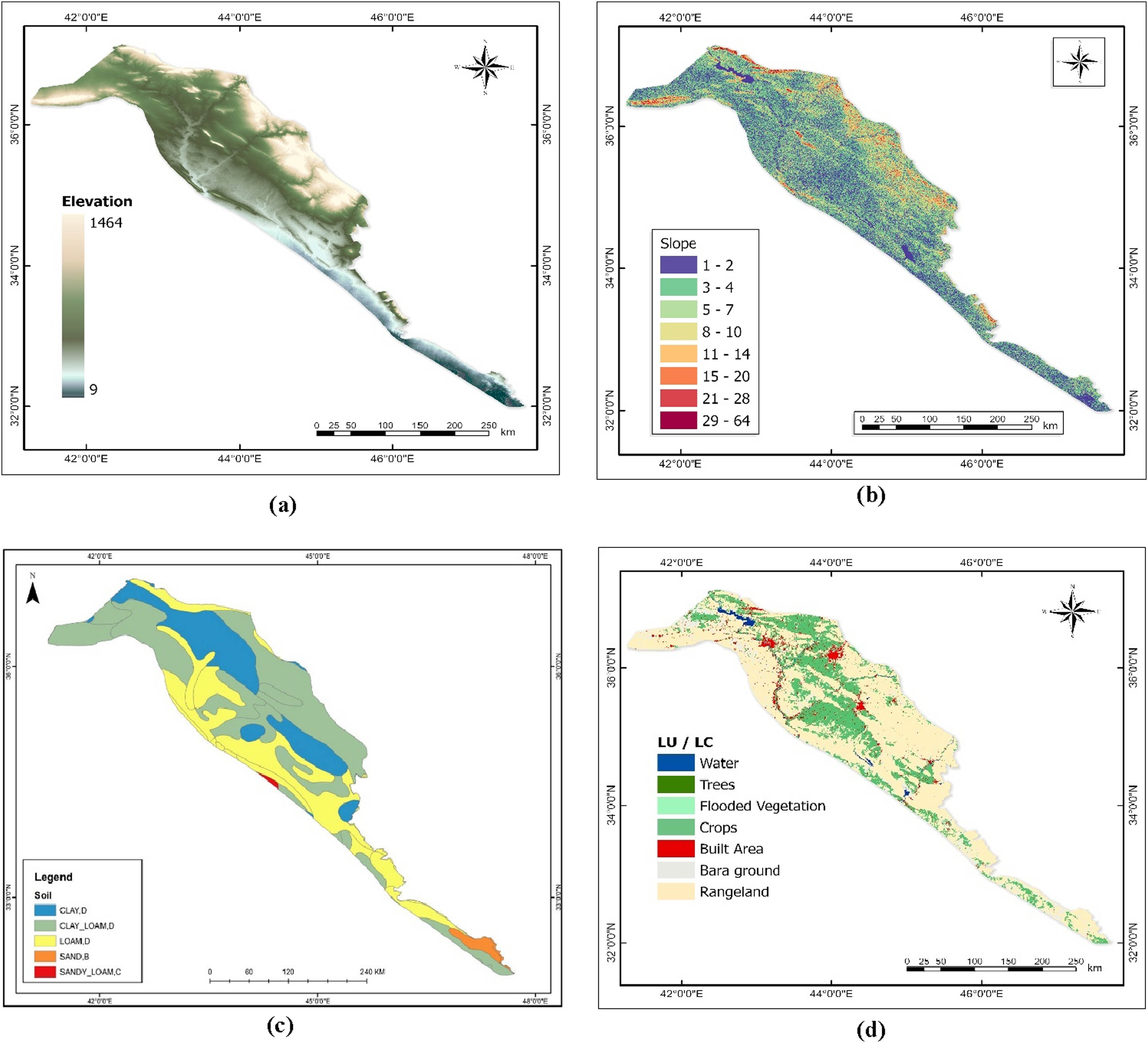 Figure 3 
                     Input grid maps used for the WetSpass model. (a) Topographic map, (b) slope map, (c) soil textural map, and (d) LU/LC map of the Low Folded Zone.
                  