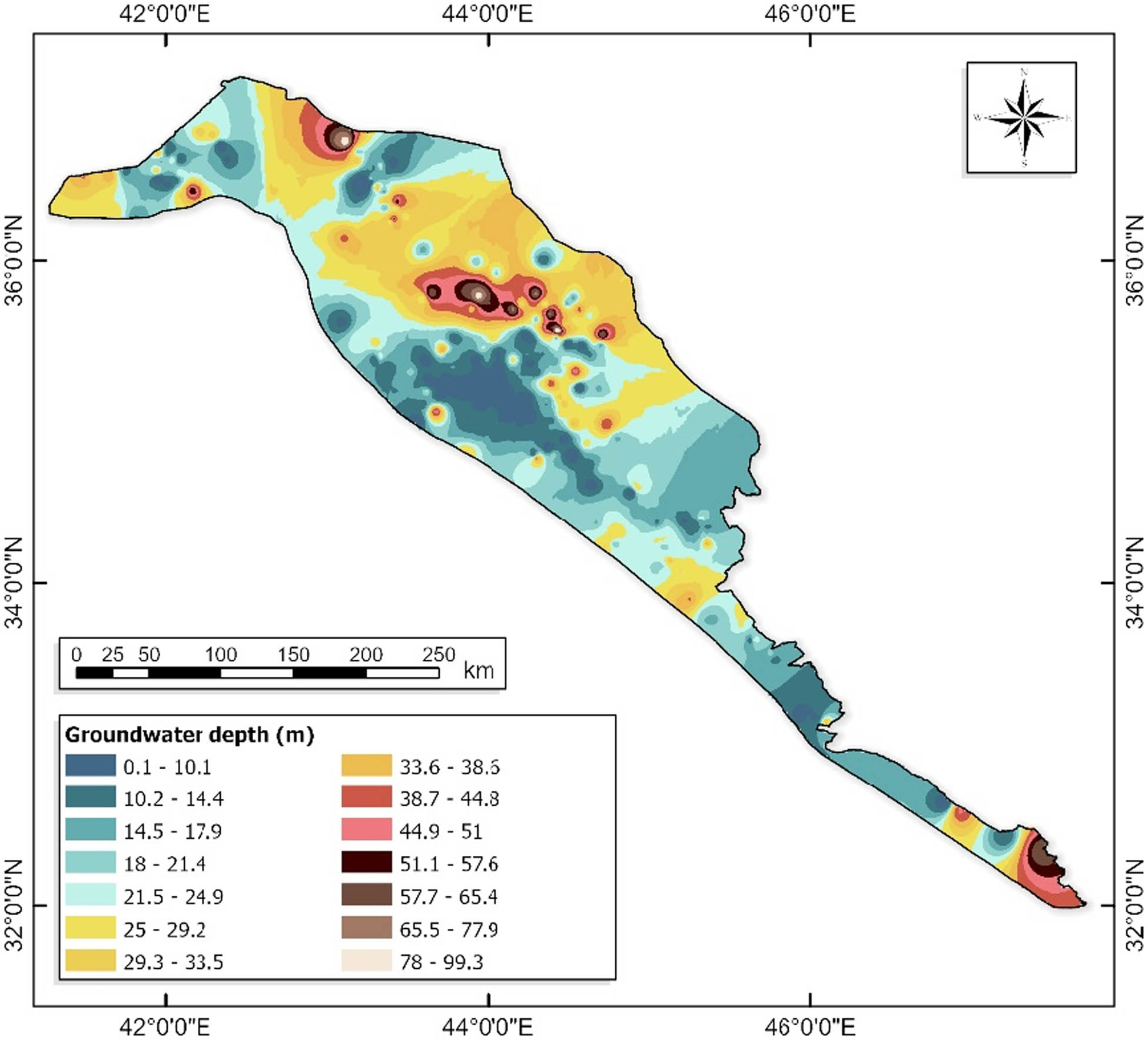 Figure 4 
                     Spatial distribution of groundwater depth.
                  