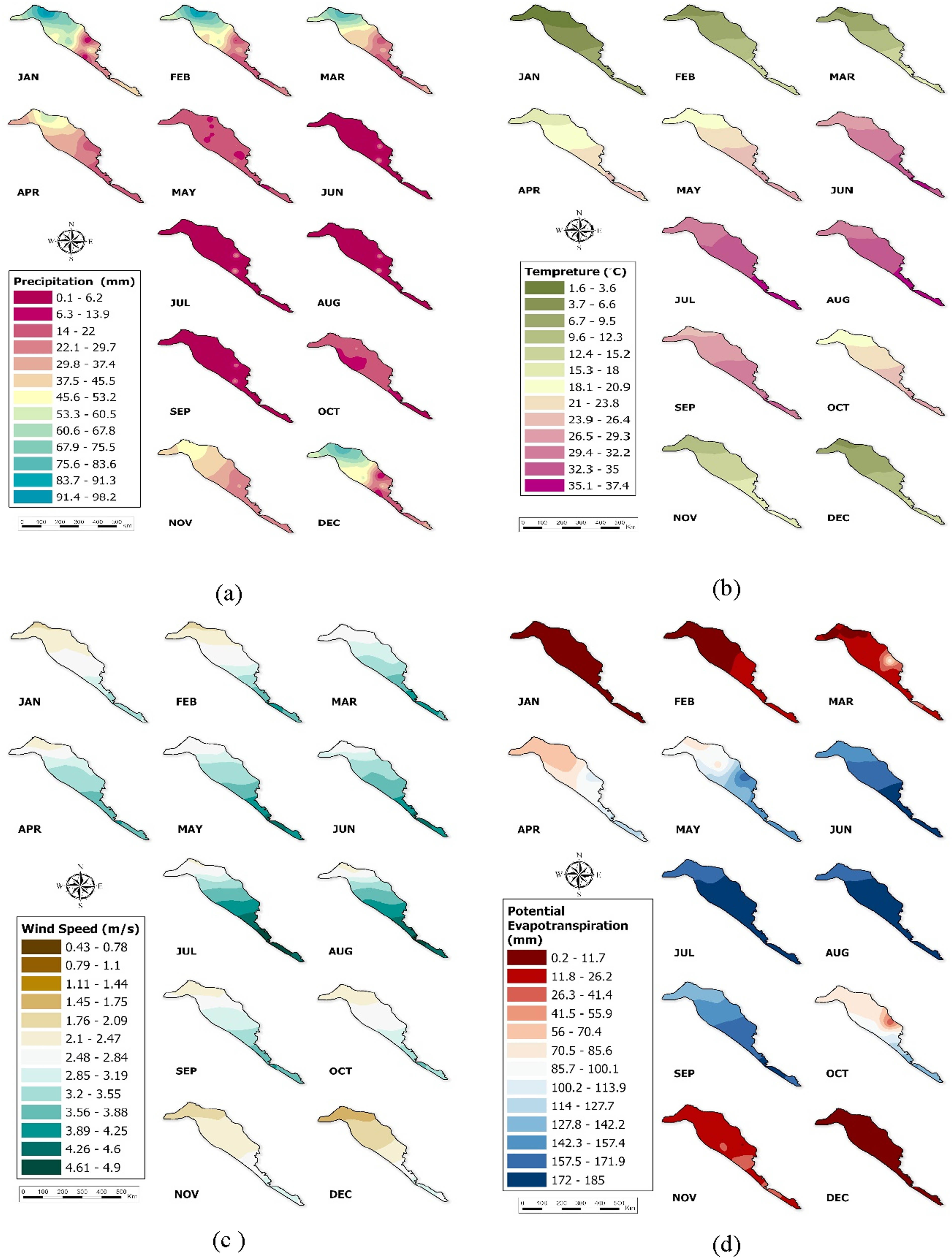 Figure 5 
                     Meteorological data input into the WetSpass model. (a) Precipitation, (b) temperature, (c) wind speed, and (d) potential evapotranspiration.
                  