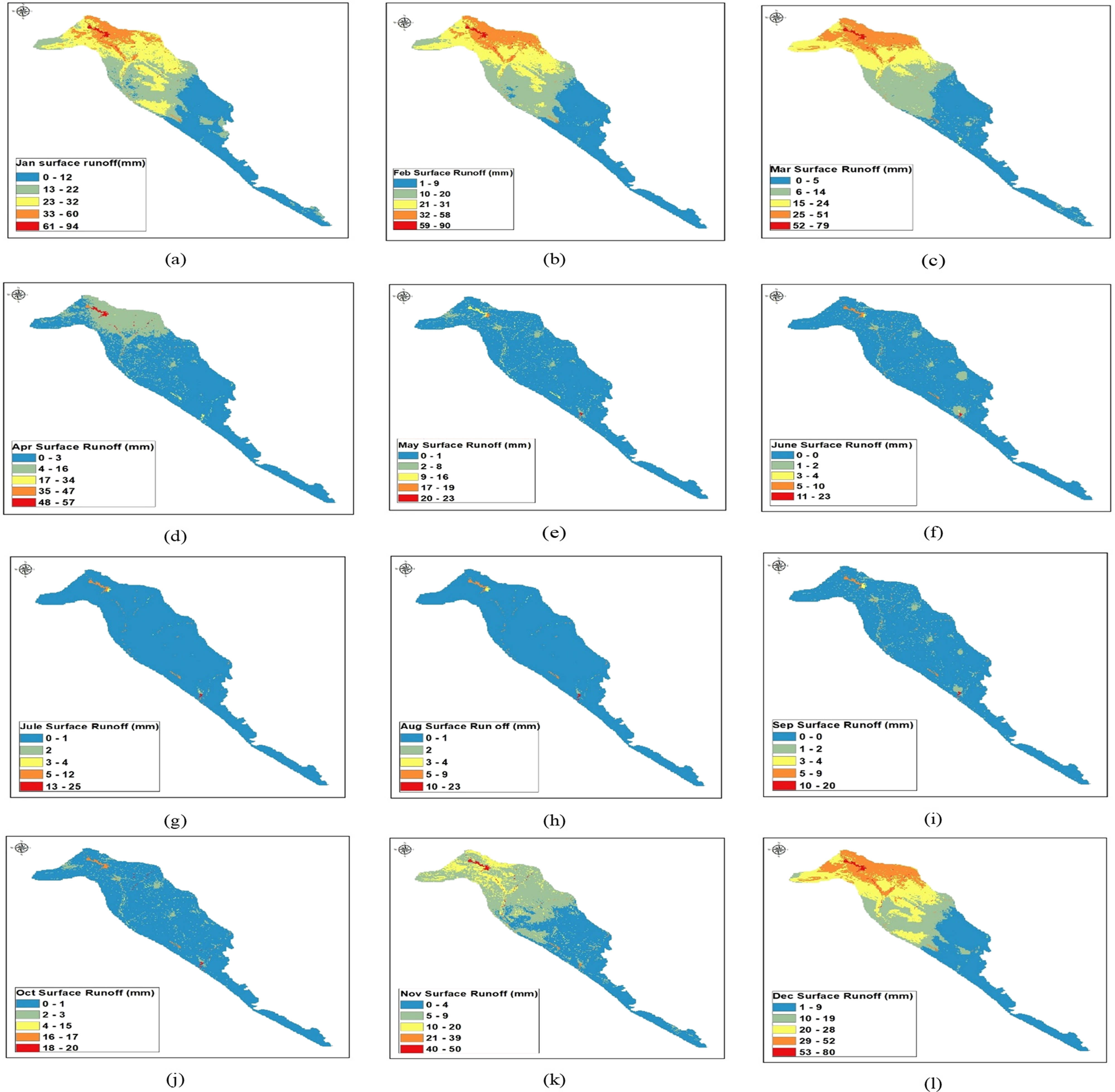 Figure 11 
                  (a–l) Spatial distribution of average monthly Surface runoff simulated by WetSpass model in Low Folded Zone, Iraq.
               