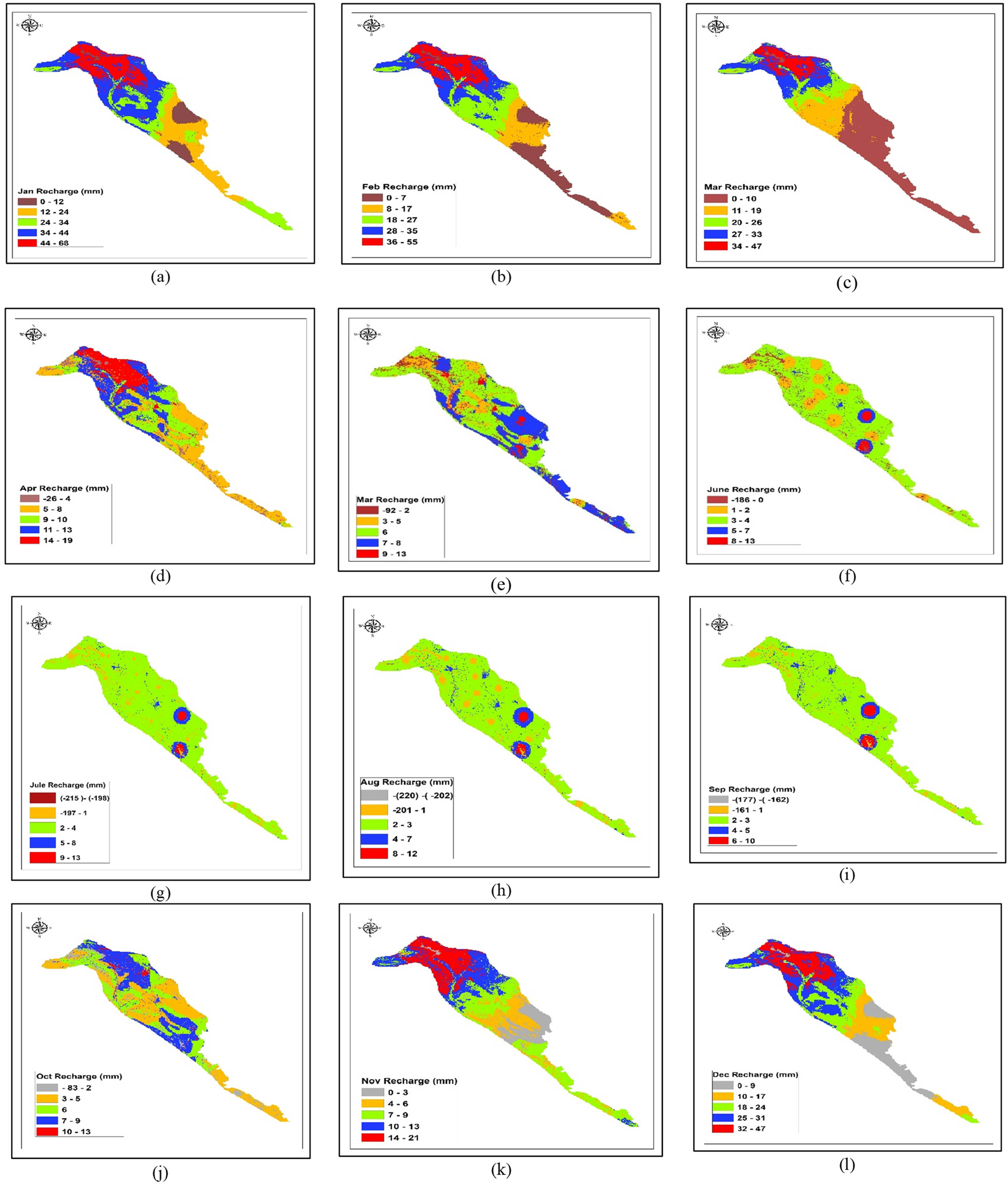 Figure 12 
                  (a–l) Spatial distribution of average monthly groundwater recharge simulated by WetSpass model in Low Folded Zone, Iraq.
               