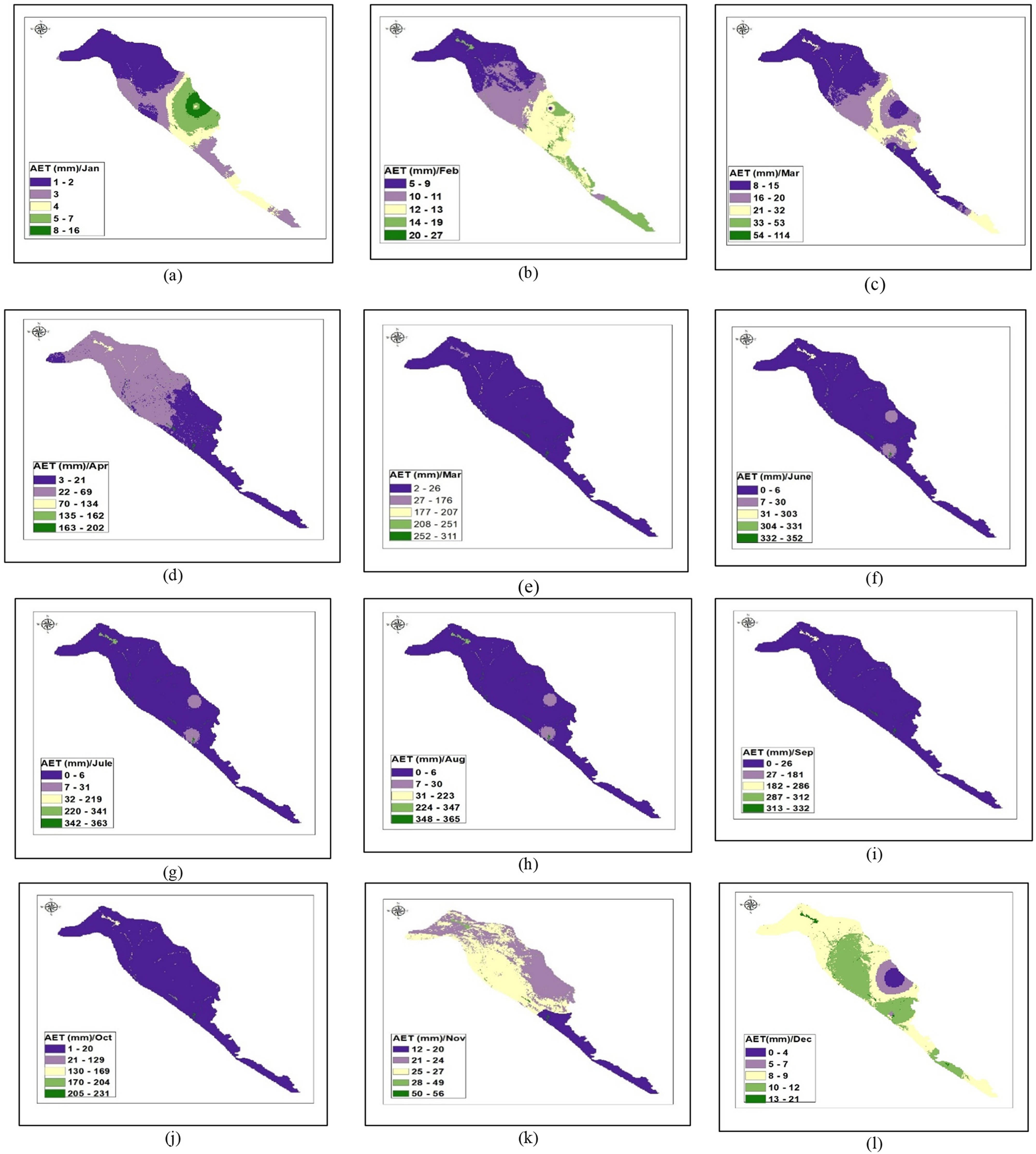 Figure 13 
                  (a–l) Spatial distribution of average monthly actual evapotranspiration simulated by WetSpass model in Low Folded Zone, Iraq.
               
