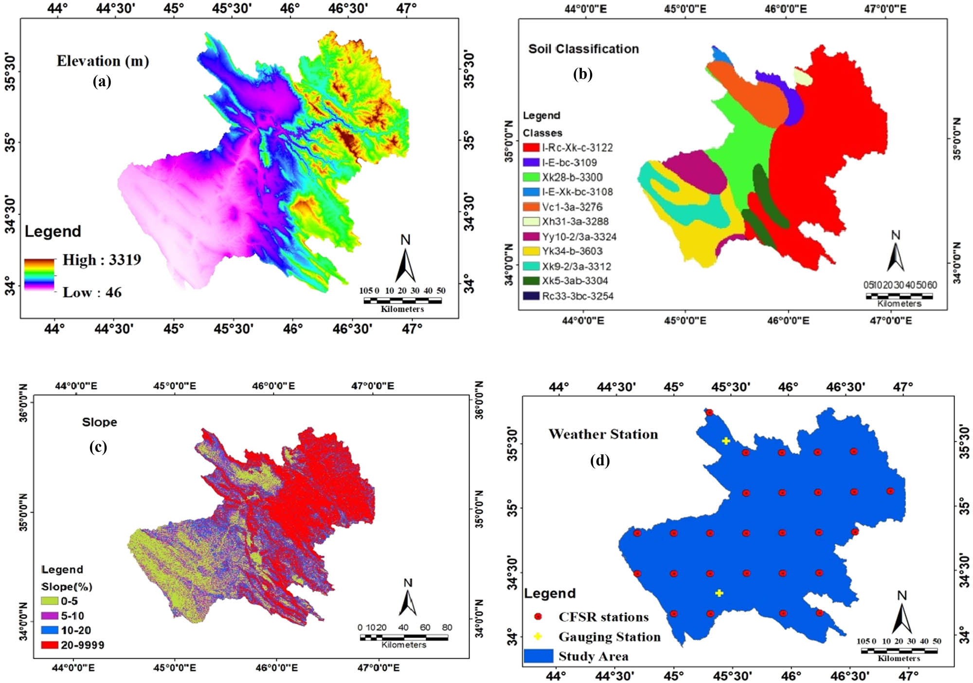 Figure 2 
                  DRW information maps used in SWAT model. (a) Elevation, (b) soil classification, (c) slope, and (d) weather station.
               