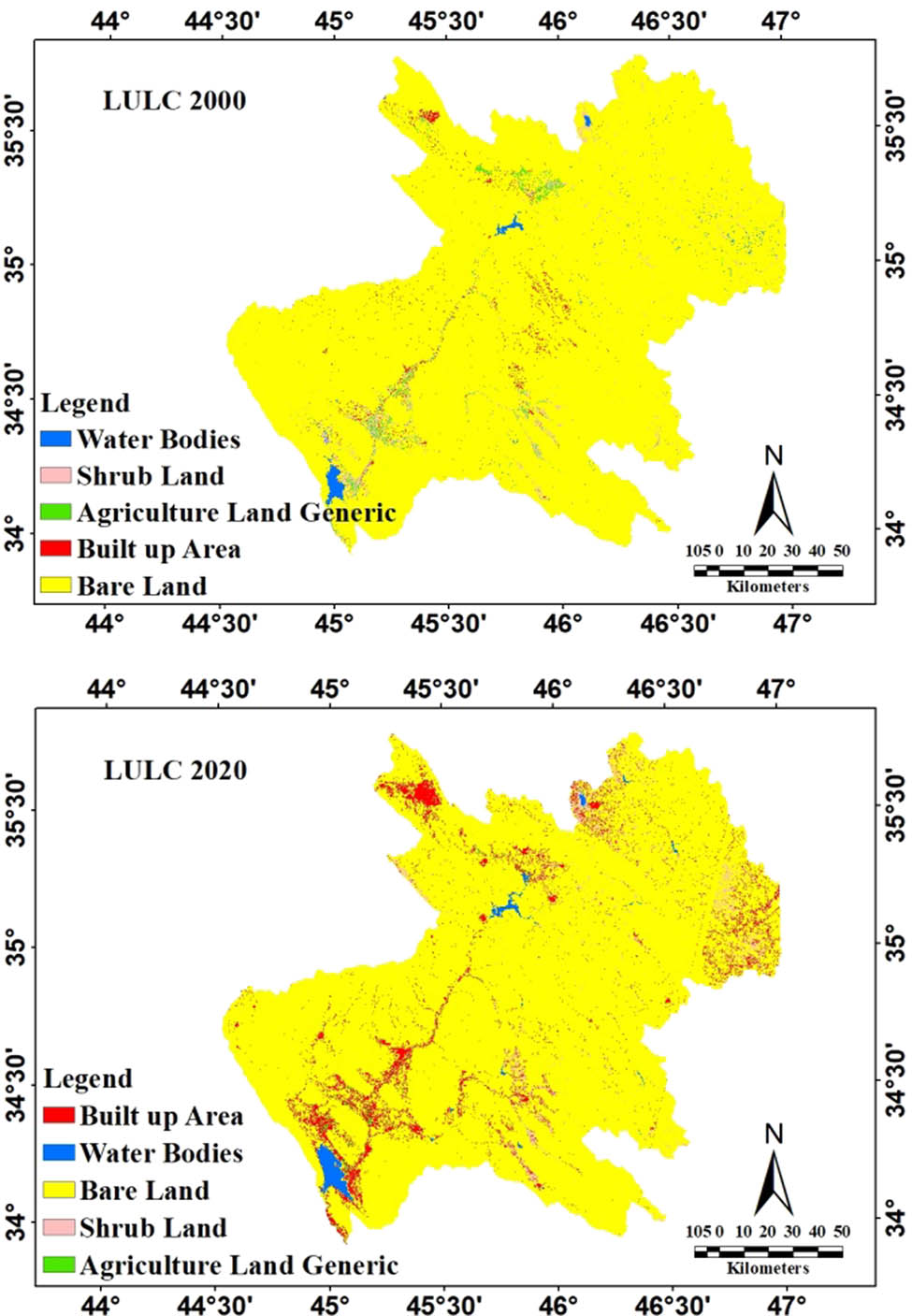 Figure 4 
                  Spatial distribution of LULC in DRW in 2000 and 2020.
               