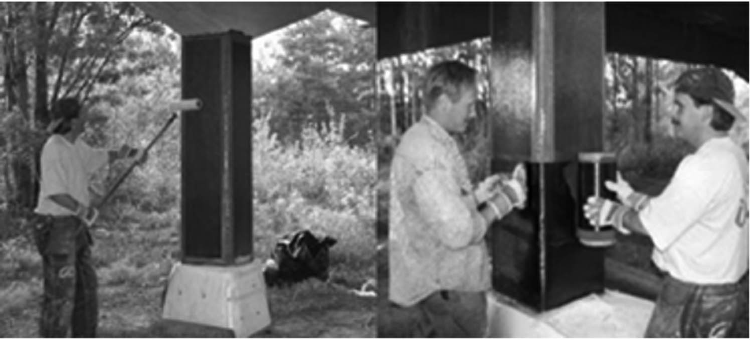 Figure 1 
               Strengthening of RC columns by FRP sheet in Sweden, photo by Täljsten [34].
            