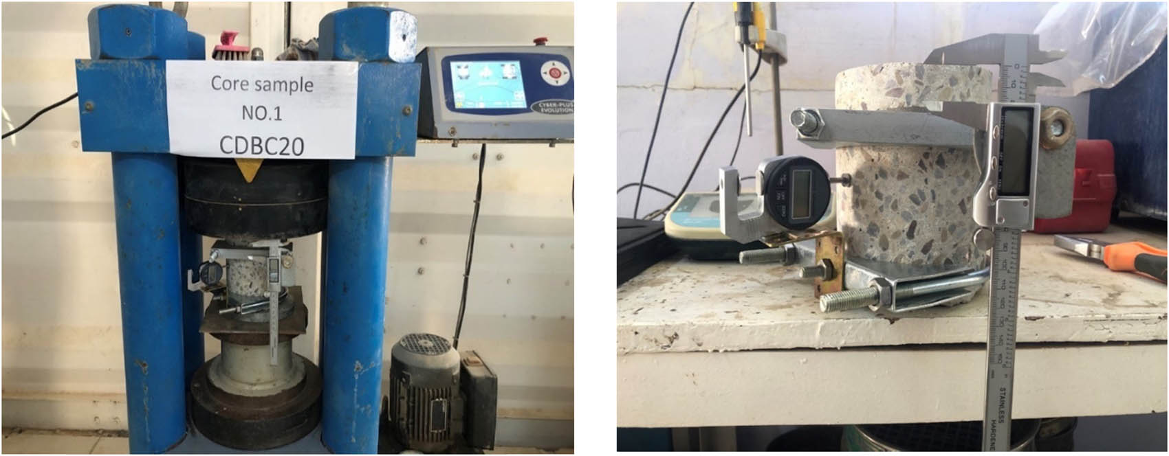 Figure 6 
               Testing compression machine with two gauges to calculate the strains.
            