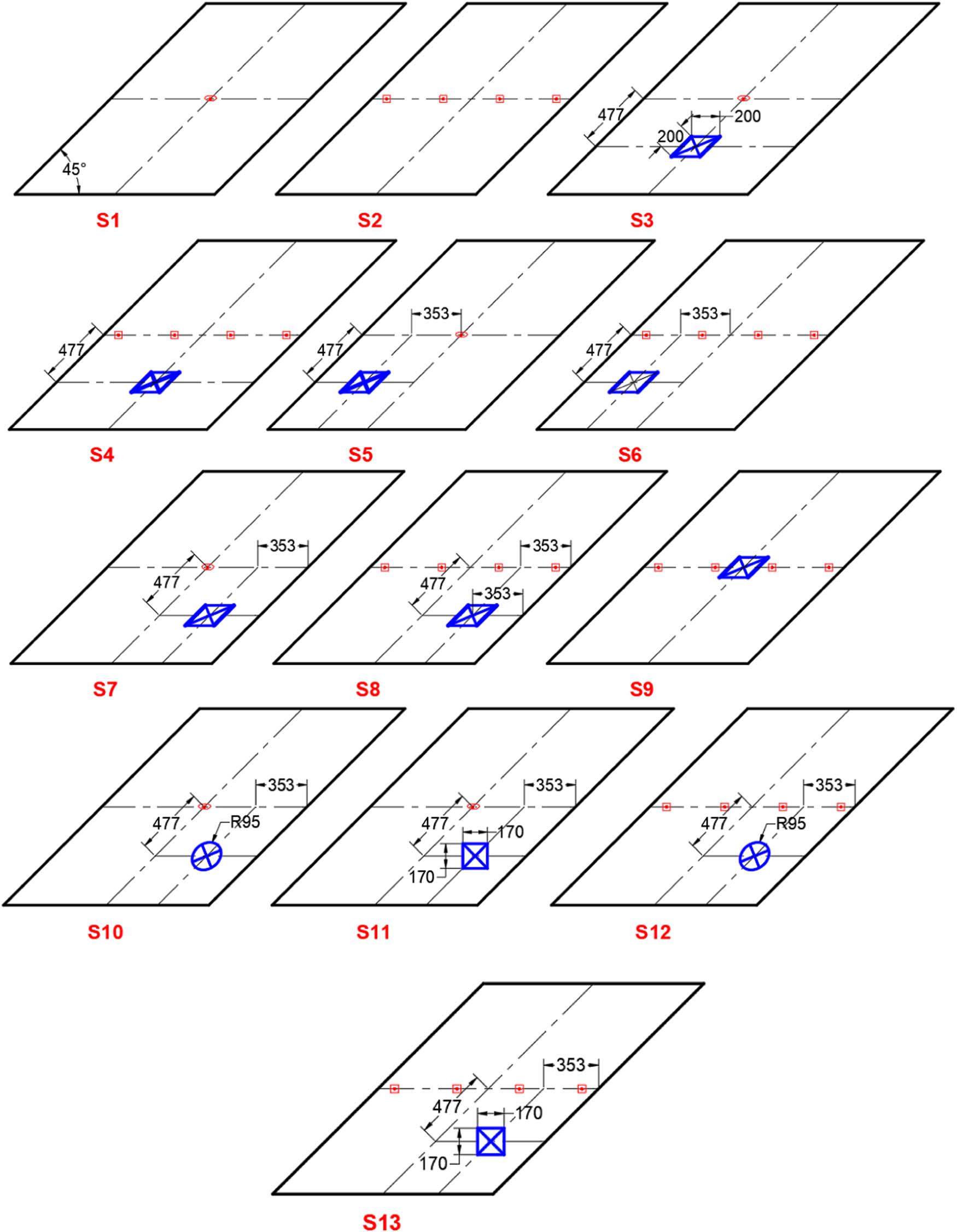 Figure 7 
               Studied cases of skew slabs.
            