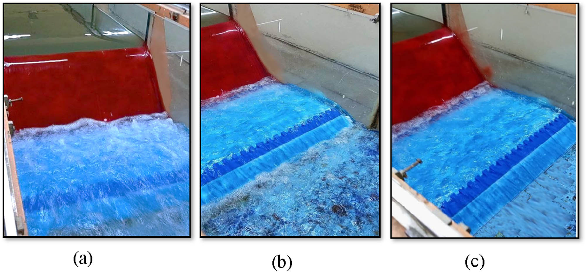 Figure 9 
                  Hydraulic jump in USBRII stilling basin with S = −0.085: (a) 28 lps, (b) 18 lps, and (c) 8 lps.
               