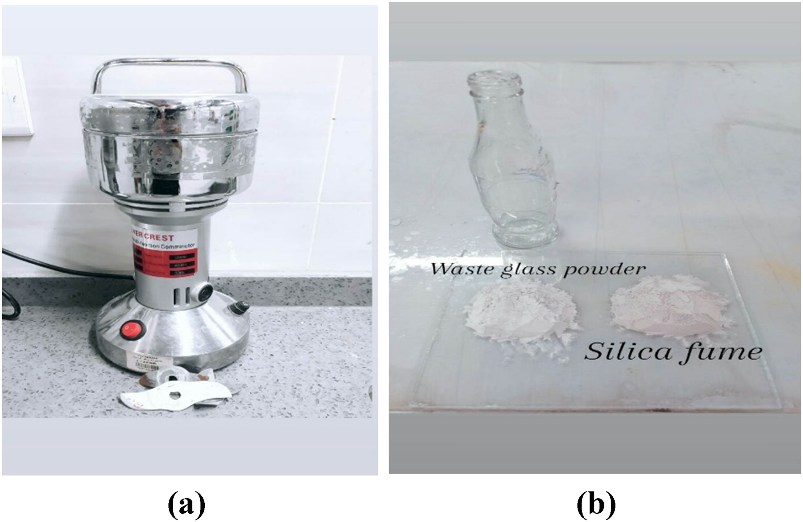 Figure 3 
                     (a) Small mill and (b) WGP and SF.
                  