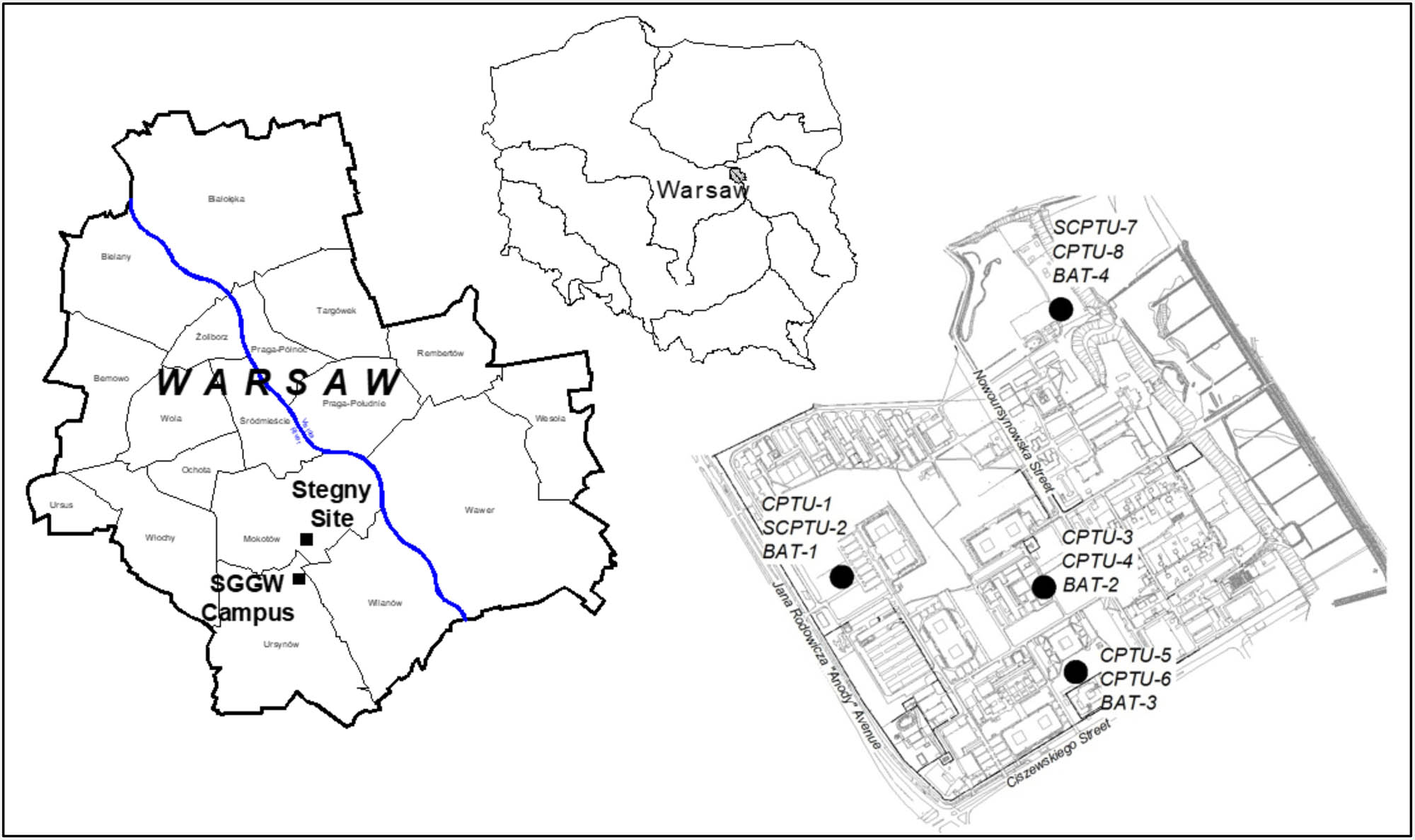 Figure 1 
                  Location of the SGGW campus and the Stegny site.
               