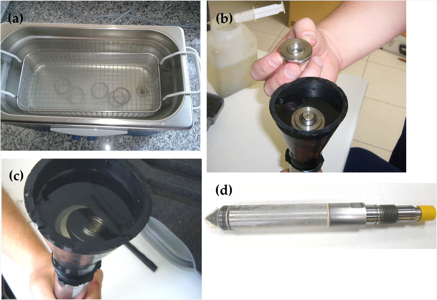 Figure 3 
                  De-airing (a), mounting filter element (b and c) and protecting the cone (d) when using glicerine.
               