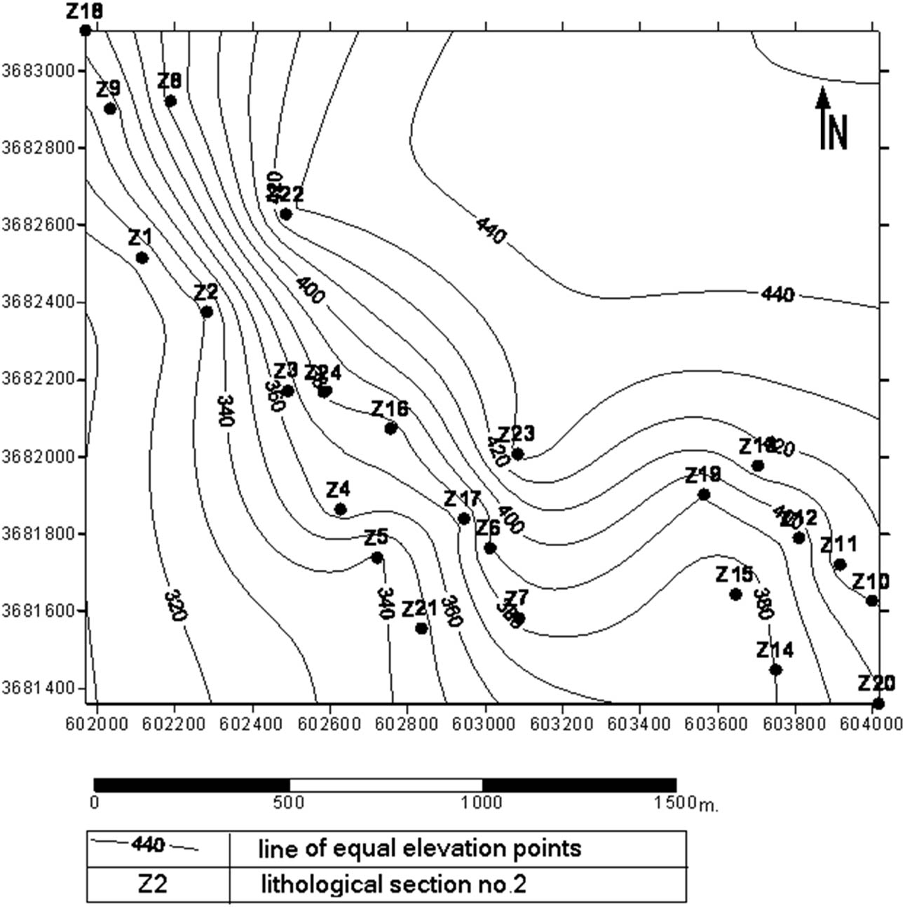 Figure 3 
                  Contour map of the studied area.
               