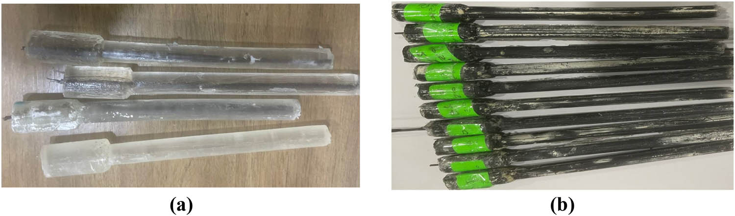 Figure 4 
                     Fatigue tests samples: (a) without MWCNTs and (b) with MWCNTs.
                  
