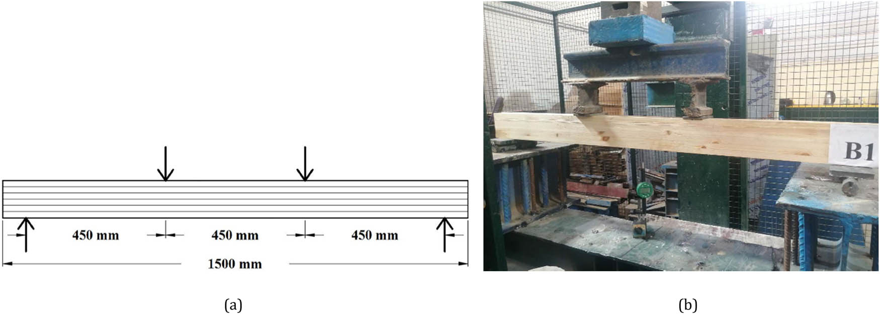 Figure 5 
               Testing arrangement. (a) Schematic view of 4-point-loading setup. (b) View of a specimen on the test stand.
            