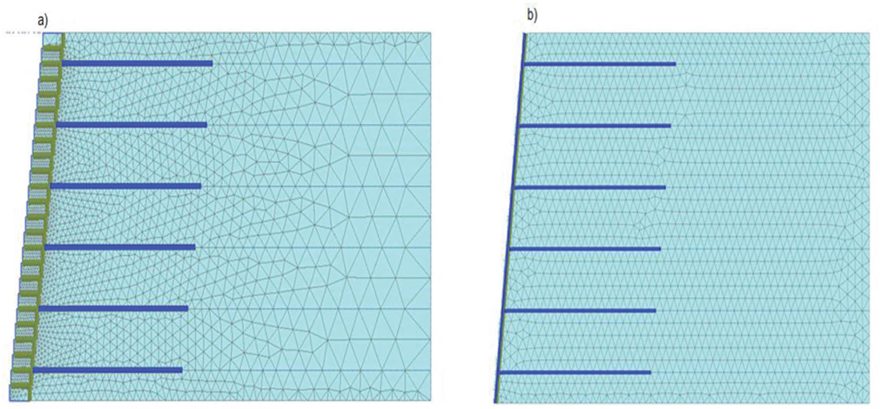 Figure 3 
               Numerical model of soil wall reinforced by geosynthetic facing: (a) blocks and (b) plate.