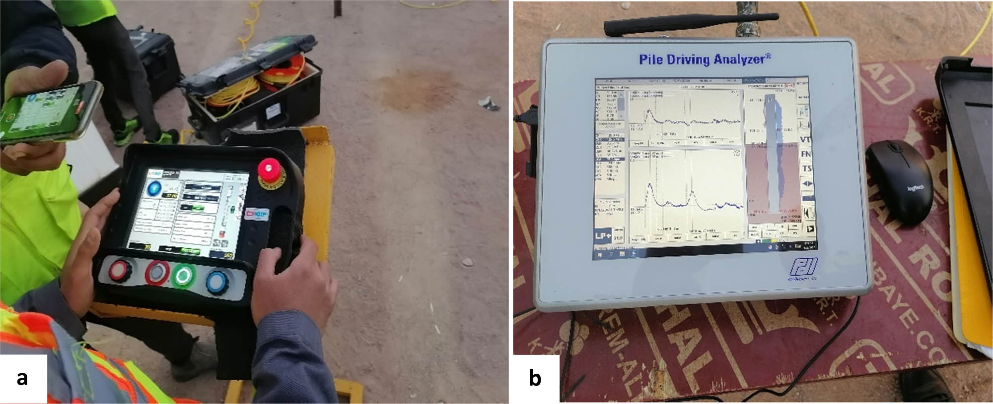 Figure 12 
               (a) Monitoring system of the hydro-hammer and (b) PDI monitor.
            