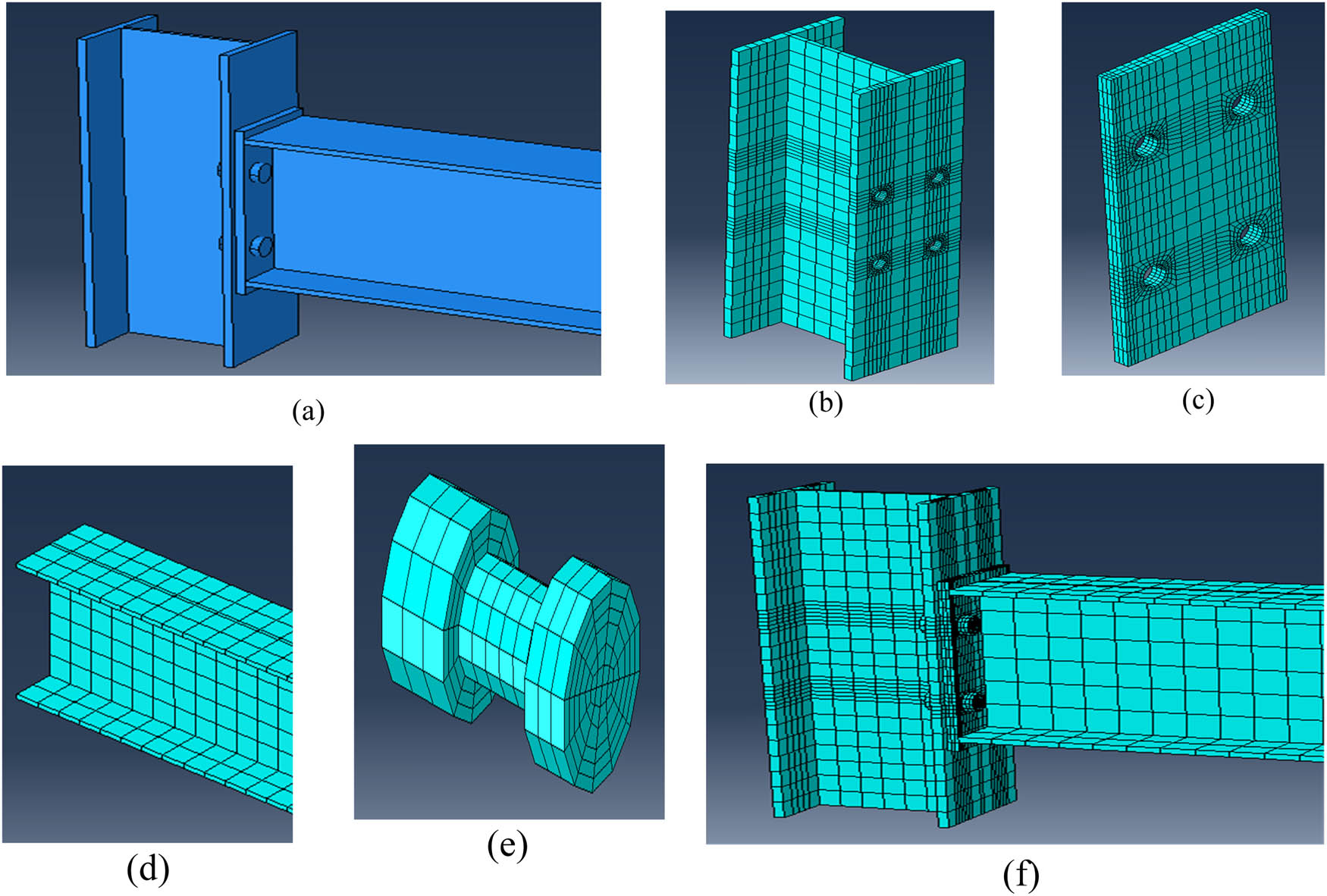 Figure 3 
               FEM of test specimen: (a) assembled model, (b) meshing of column, (c) meshing of plate, (d) meshing of beam, (e) meshing of bolt, and (f) meshed model.
            