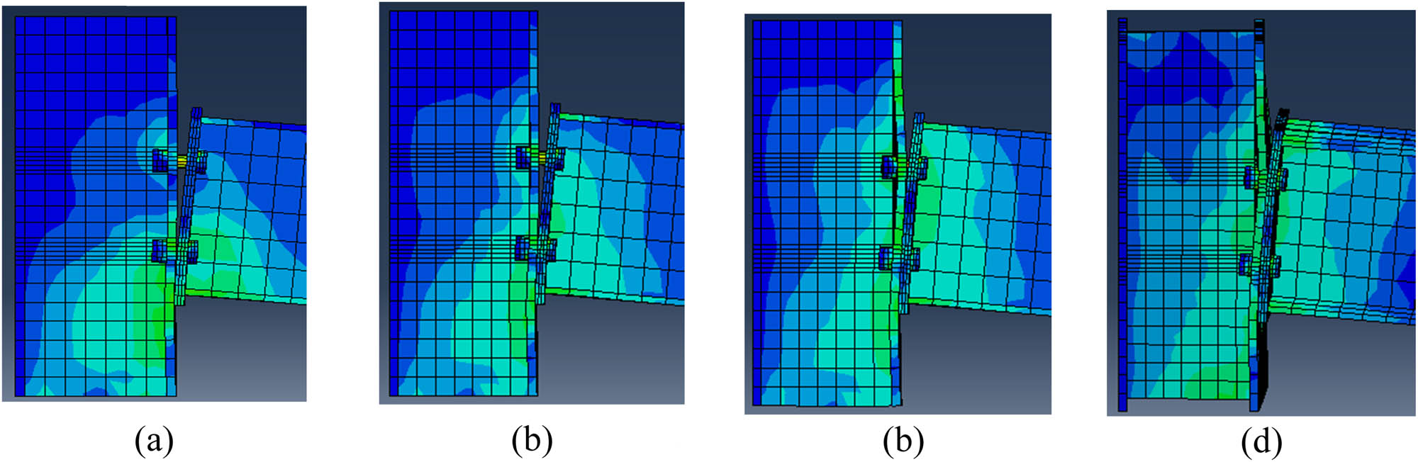 Figure 9 
                  Deformation of connection for Test 1 with various bolt pretension loads (Tb): (a) deformation for Tb = 12 kip, (b) deformation for Tb = 20 kip, (c) deformation for Tb = 30 kip, and (d) deformation for Tb = 40 kip.
               