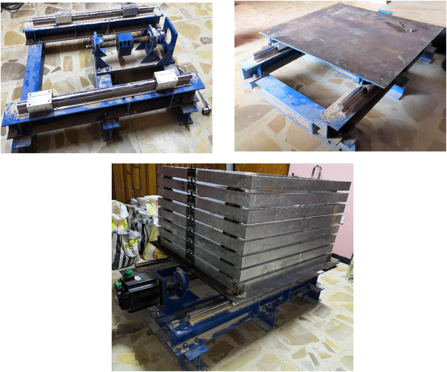 Figure 4 
                  Merging and installing procedure of the shaking table.