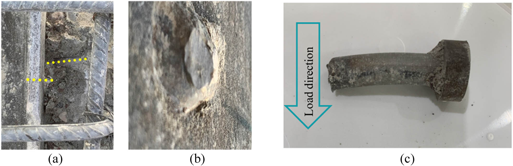 Figure 4 
                  Shear stud failure (a) after encasement remove (b) flange side (c) combine flexural and shear.
               