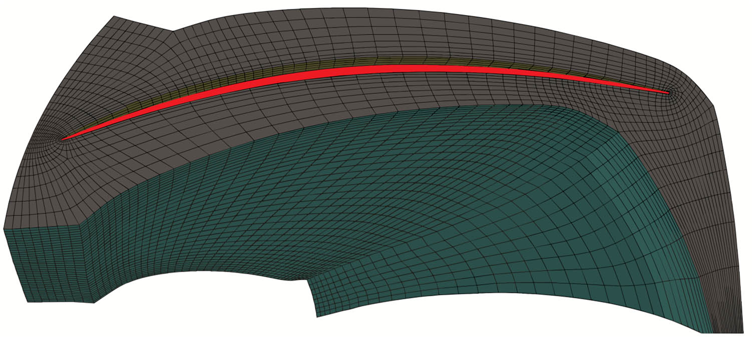 Figure 3 
               Example of a meshed periodic runner volume with camber surface (red).
            