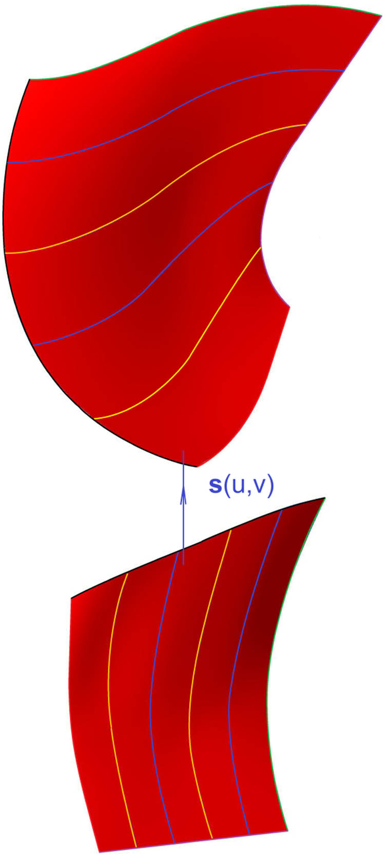 Figure 15 
               Bicubic blended coordinate slice in R
                  3 and corresponding camber surface with six curves.
            