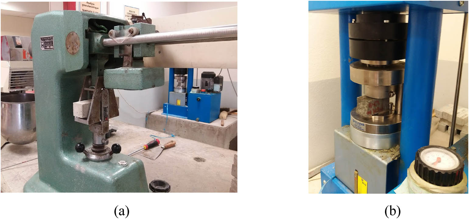 Figure 1 
                     Images of tests for mechanical properties of the cementitious matrix. (a) Three-point bending test. (b) Compressive test.
                  