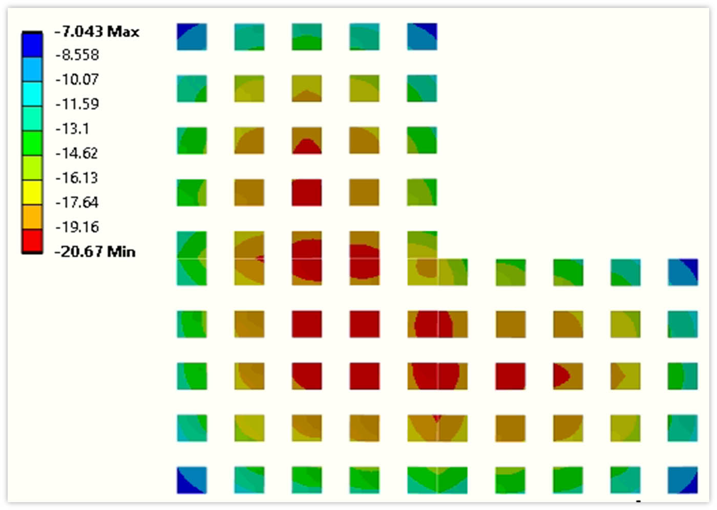 Figure 9 
                  Vertical settlement (mm) of footings for SSSI (L-shaped) case.
               