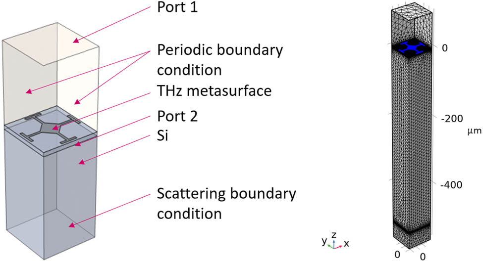 Figure 5 
               Schematic view of the numerical model (right) and mesh used (left).
            