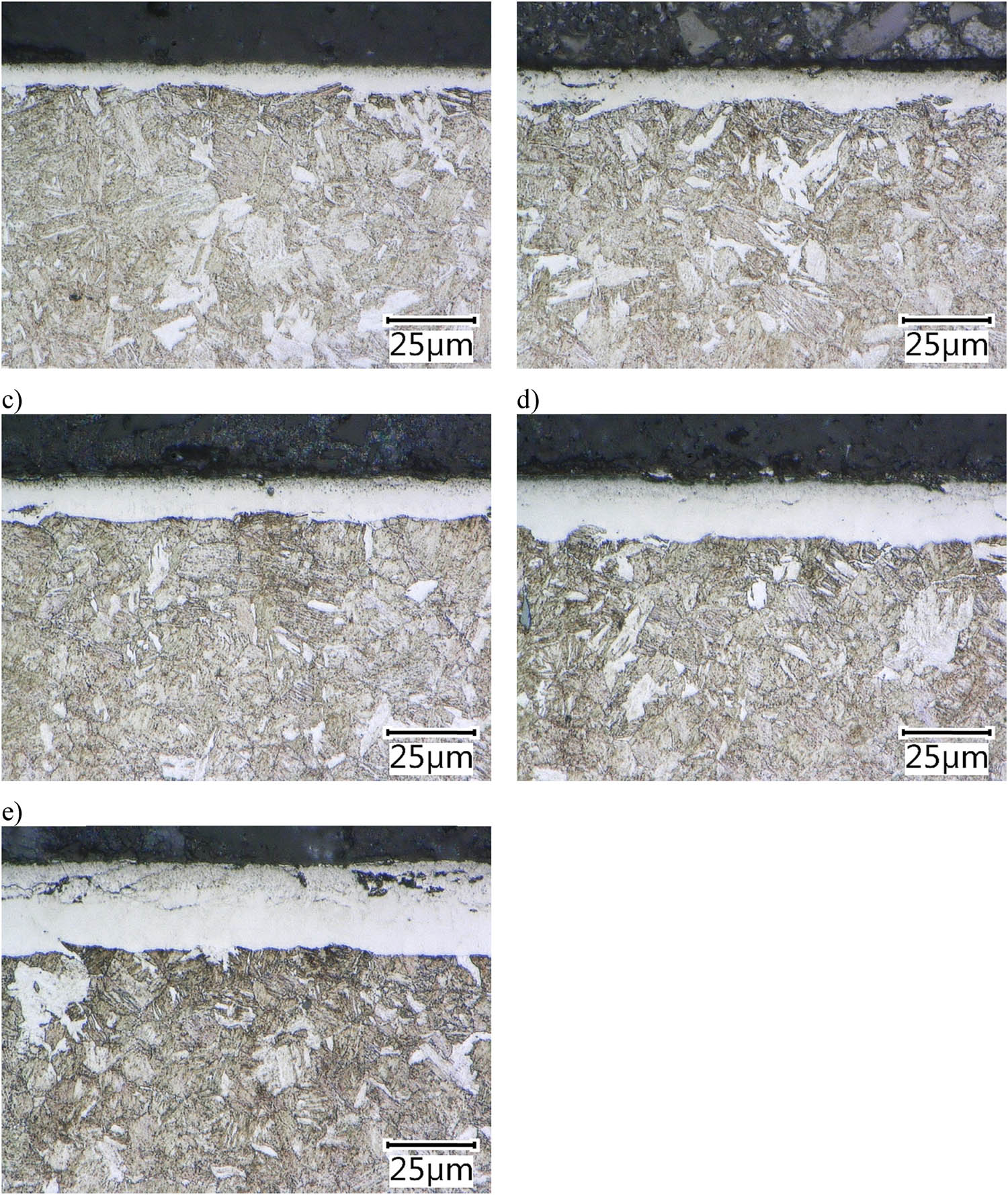 Figure 2 
               Microscopic images of iron nitrides layers with medium thicknesses: (a) 7.3 μm, (b) 10.3 μm, (c) 14.8 μm, (d) 20.5 μm, and (e) 25.3 μm.
            