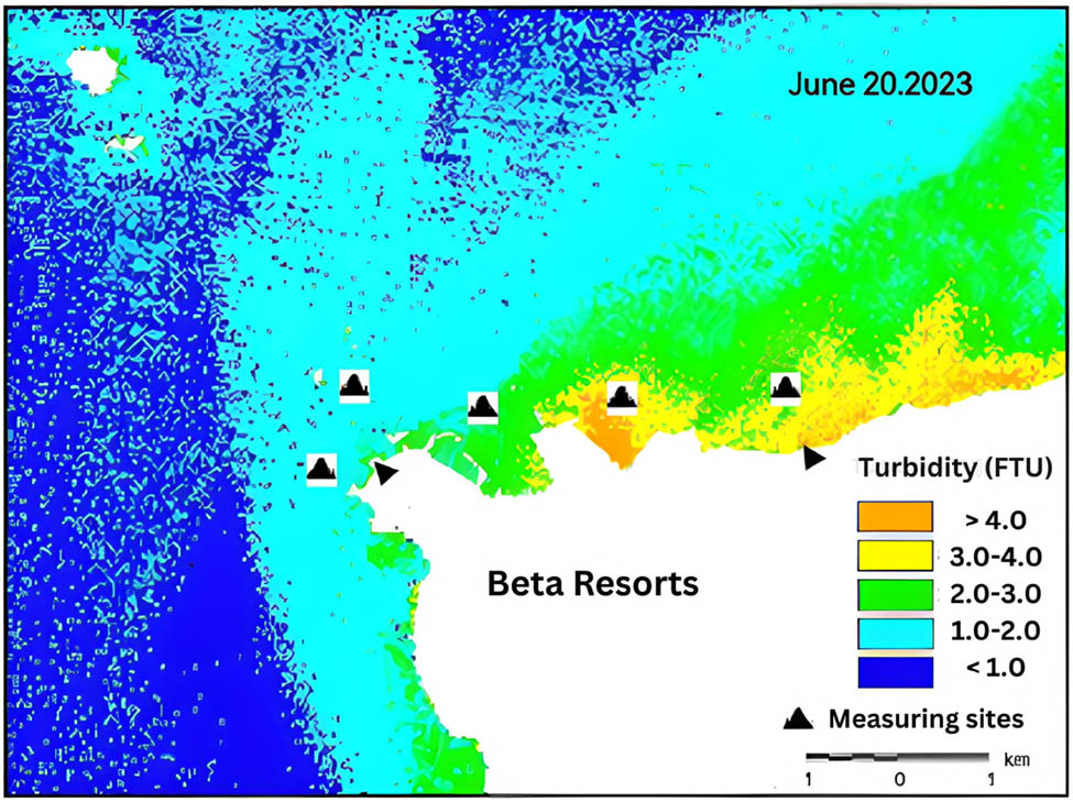 Figure 8 
               Mapped measured turbidity levels in FTU in the Haqel coastal area, Red Sea, as of June 20, 2023.
            