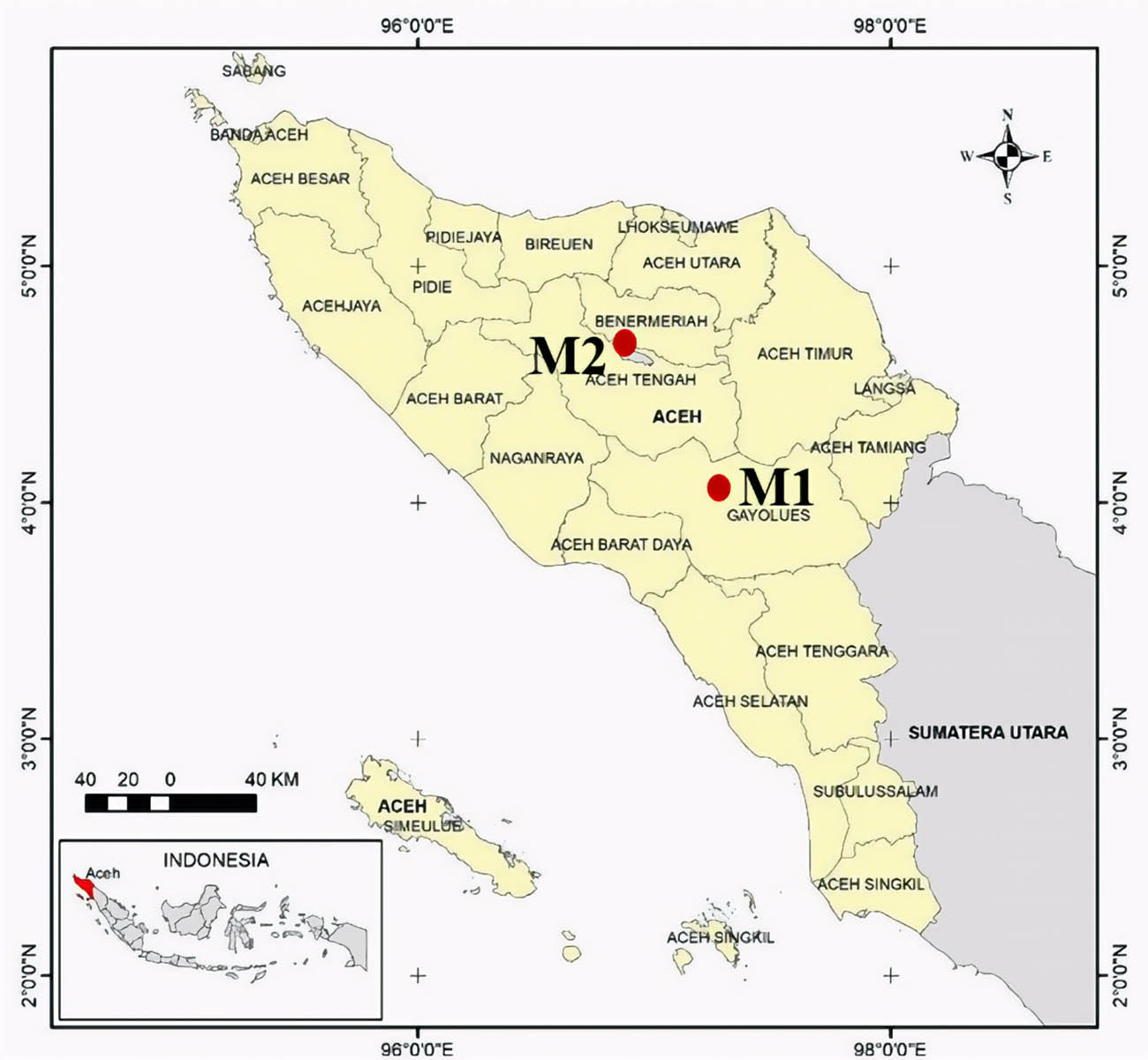 Figure 1 
                  The location of M1 and M2 (the map is modified from the study of Iskandar et al. [27]).
               
