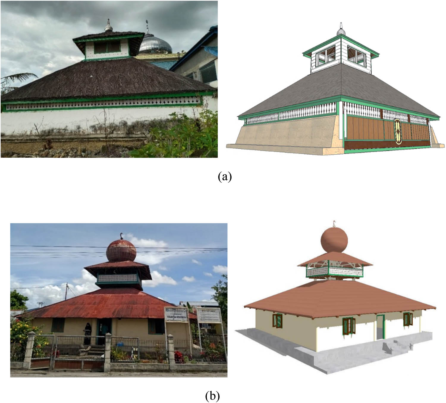 Figure 2 
                  The historic traditional mosques evaluated in the study: (a) Asal Penampaan Mosque (M1) and (b) Tue Kebayakan Mosque (M2) [7].
               