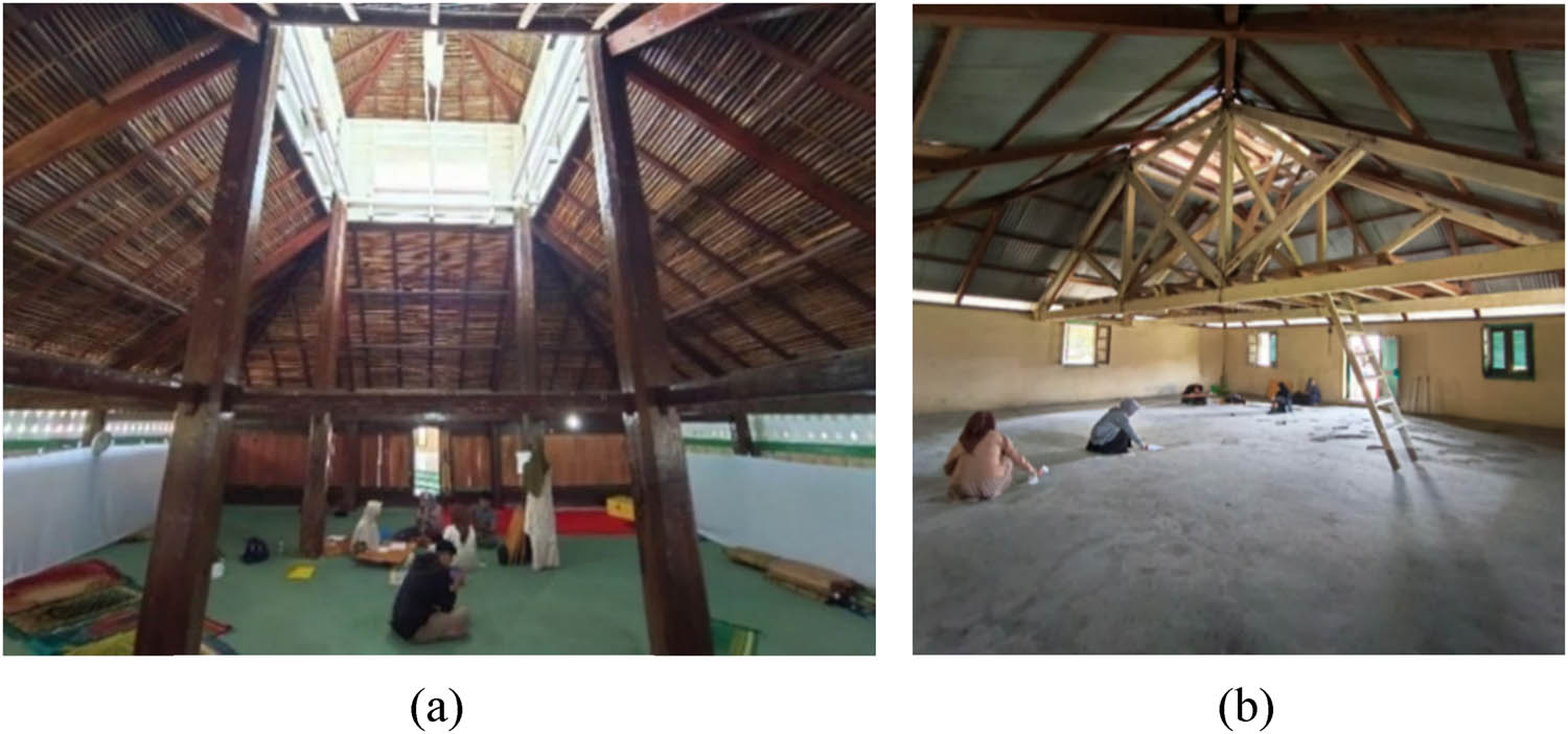 Figure 3 
                  The interior of (a) Asal Penampaan Mosque (M1) and (b) Tue Kebayakan Mosque (M2) [7].
               