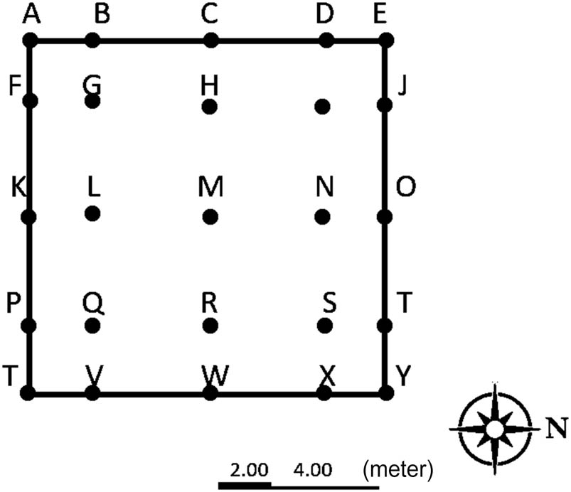 Figure 4 
               Nine measurement points run at M1 and M2.
            
