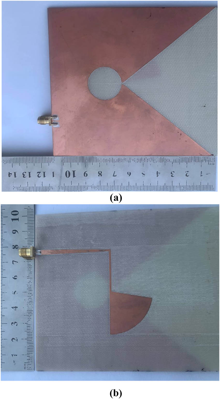 Figure 3 
                  The fabricated antenna: (a) front view, and (b) back view.
               