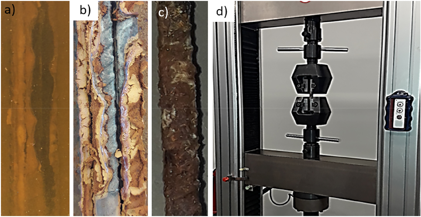 Figure 2: 
Stages of steel rebars during the study: a) Immersed in the solution (scenario C), b) dried out after immersion period (scenario C), c) steel rebar after removing concrete cover (scenario E) d) tensile testing machine.
