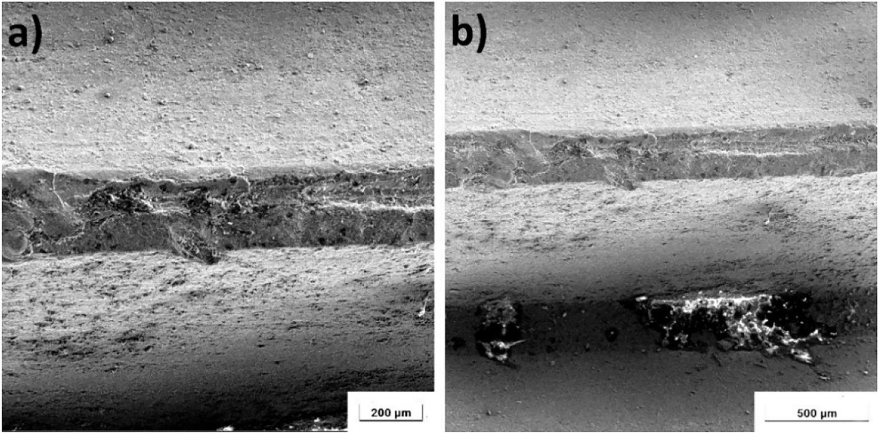 Figure 6: 
SEM analysis of sample P9 after immersion in 3 % NaCl solution: a) Corrosion products accumulation, b) surface defects.
