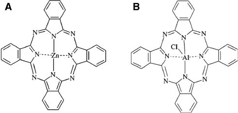 Figure 1: Structures of zinc (A) and chloroaluminum (B) phthalocyanine.
