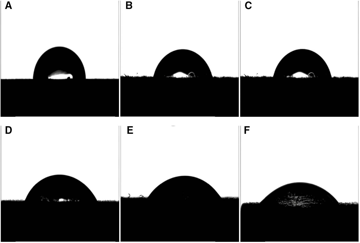 Figure 2: PA6 surface water contact angle before and after modification with different pulsed voltages.(A) Untreated, 75°, (B) 26 kV, 55°, (C) 28 kV, 50°, (D) 30 kV, 45° (E) 32 kV, 40°, and (F) 34 kV, 38°.