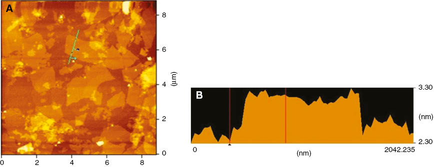 Figure 3: (A) AFM image of GO sheets (B) AFM image of the outline of the thickness of GO sheet.
