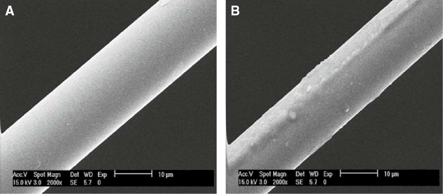 Figure 10: Glass fiber strand of (A) neat and (B) surface treated.